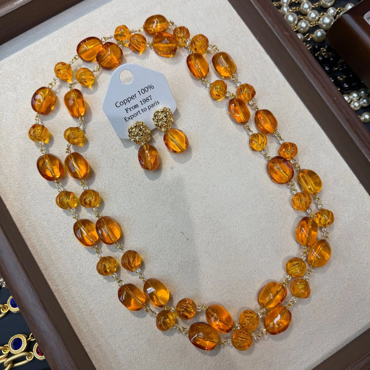 Vintage Amber Beaded Necklace and Earring Set for Women