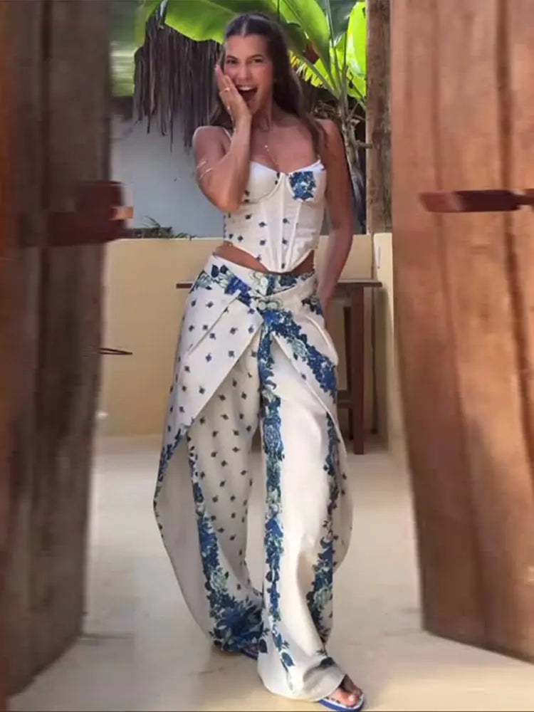 Printed Fishbone Top And Pleated Pants Two Piece Set For Women