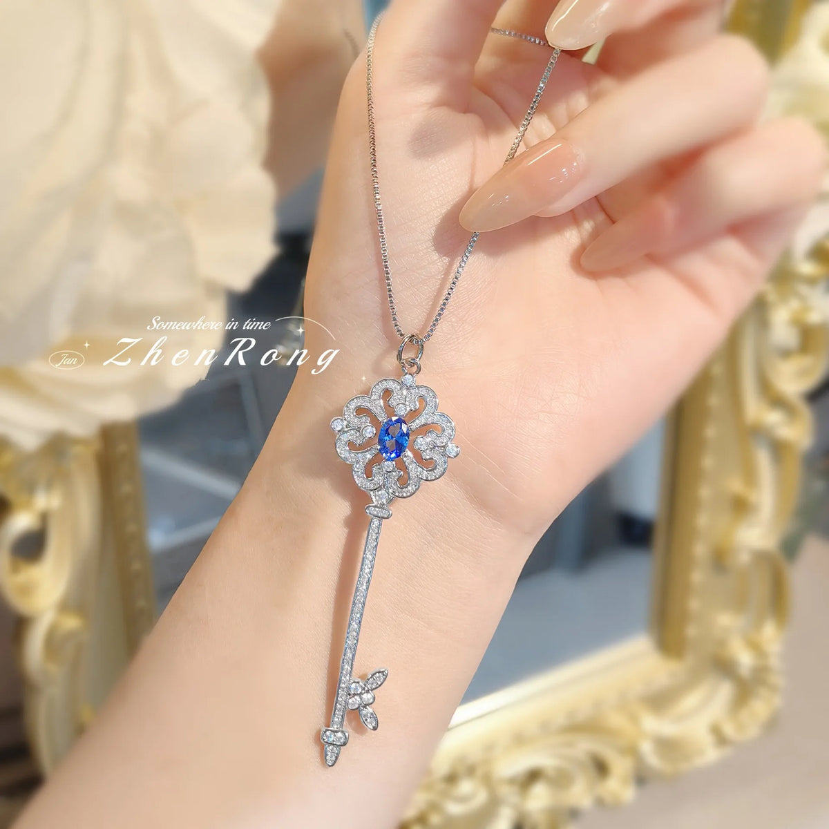 Silver Tone Key Shape Zirconia Pendant Necklace for Women