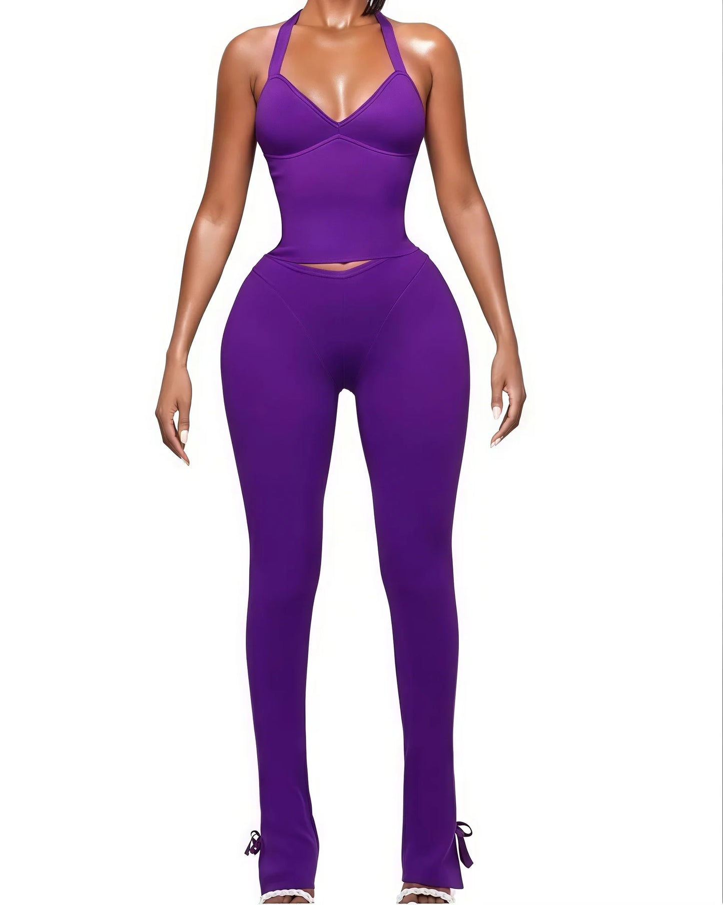 Solid Color Halter Neck Crop Top Two Piece Set for Women