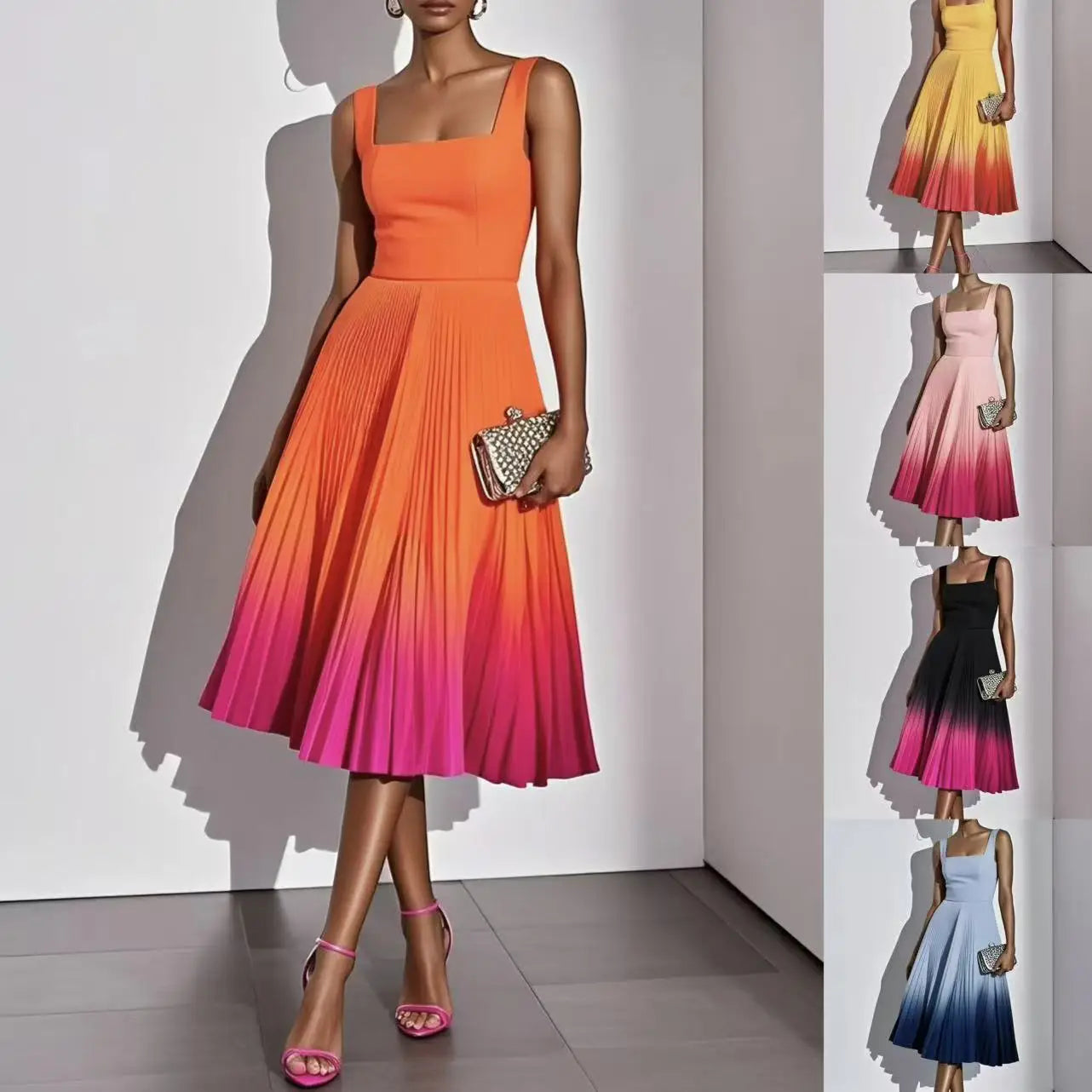 Sleeveless Gradient Print A Line Pleated Midi Dress for Women
