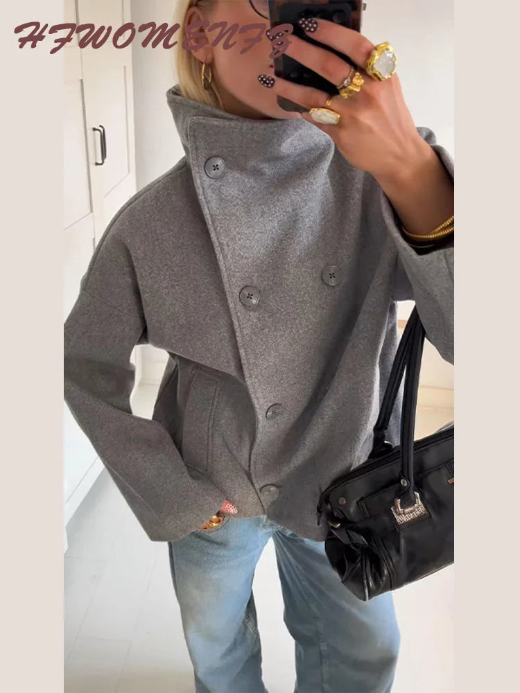 Solid Double Breasted Stand Collar Long Sleeve Overcoat for Women