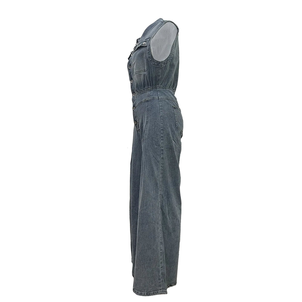 Loose Fit Wide Leg Denim Jumpsuit With Turn Down Collar for Women