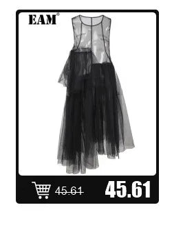 [EAM] Women Blue Pleated Hem Long Big Size Blouse New Stand Collar Long Sleeve Shirt Fashion Tide Spring Autumn 2025 1DH5707