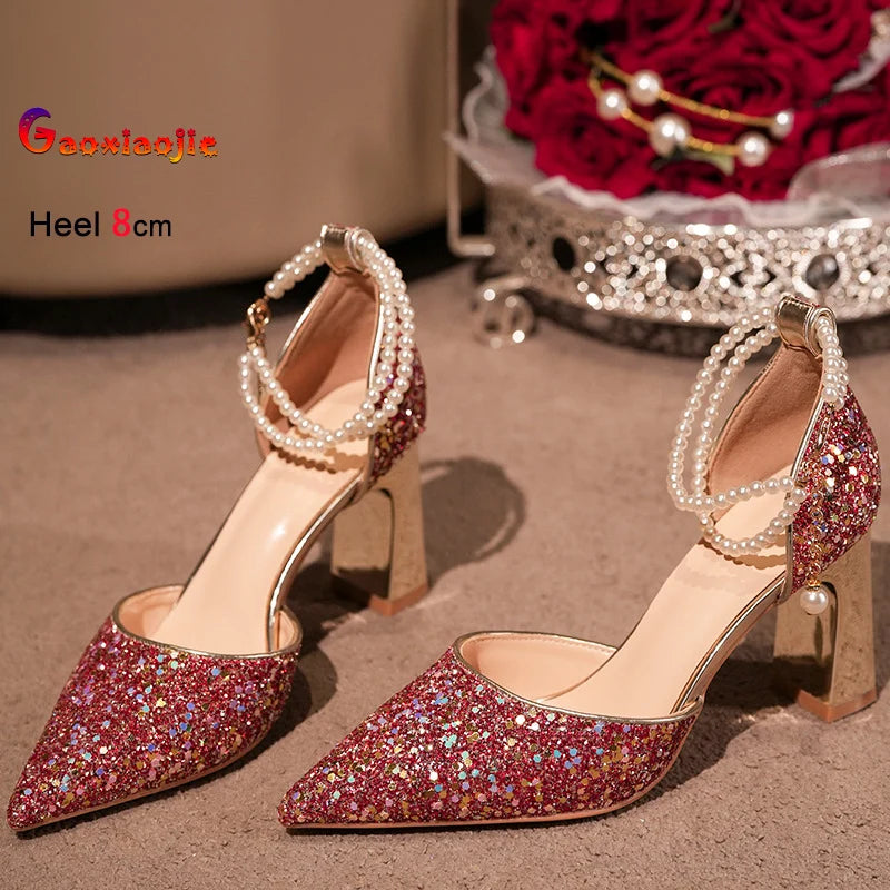 Pearl Embellished High Heel Ankle Strap Sandals for Women