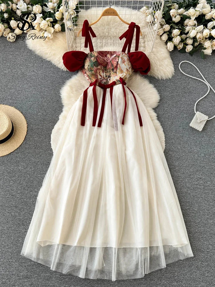 Embroidered Retro Print Lace-Up Mesh Midi Dress for Women
