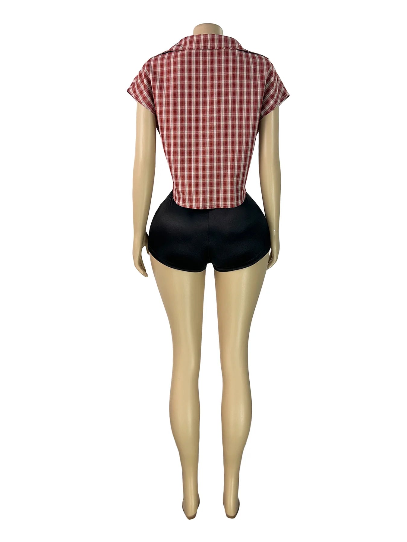 Plaid Print Deep V Neck Sleeveless Hollow Two Piece Set for Women