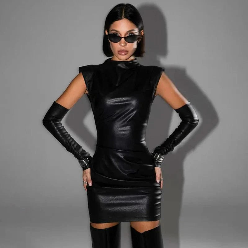 White PU Leather Bodycon Mini Dress for Women Elegant Sexy Turtleneck Sleeveless Party Dresses Spring Fashion Casual Dress 2025
