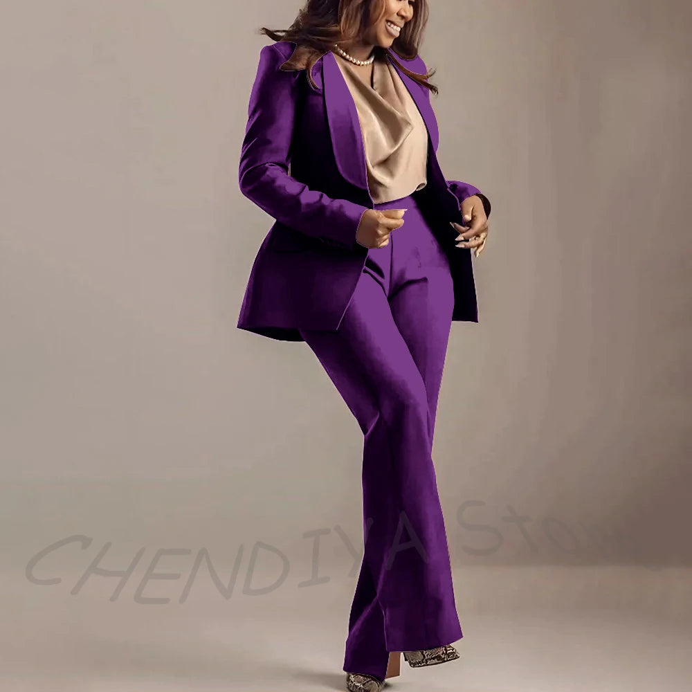 Classic Brown Women Suits Shawl Lapel Slim Fit Solid Color Formal Sets 2 Piece High Quality Office Lady Outfits Jacket Pants