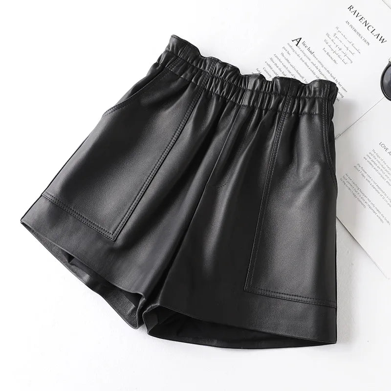 Genien Leather Shorts For Women 2025 New Fashion Elestic High Waist Short Pants Female Streetwear Shorts Casual Style