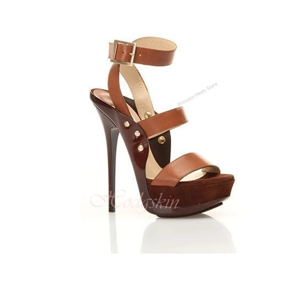 Mixed Color Straps Platform Buckle Sandals with Thin Heels for Women