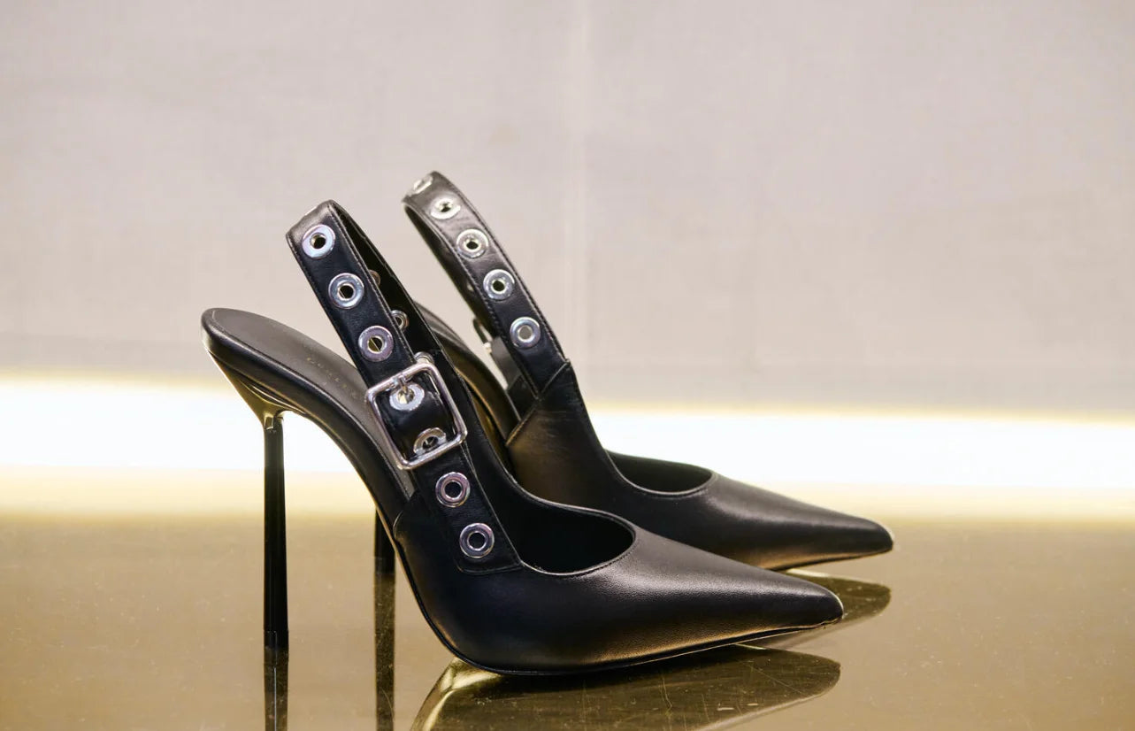 Leather Pointed Toe Slingback Stiletto Sandals With Rivet Strap For Women