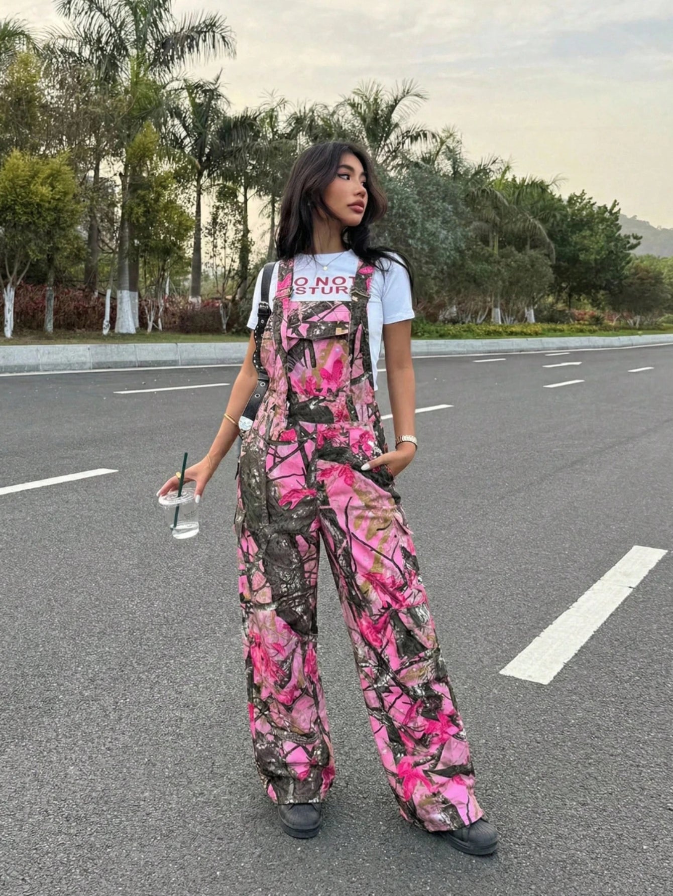 Women Adjustable Strap Printed Wide Leg Overalls For Casual Streetwear Outdoor And Daily Vacation Occasion
