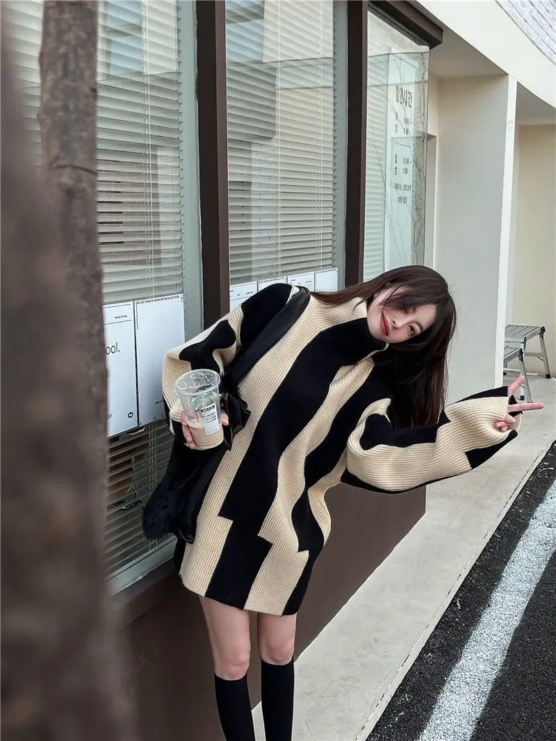 Relaxed Fit Striped Turtleneck Knit Sweater for Women