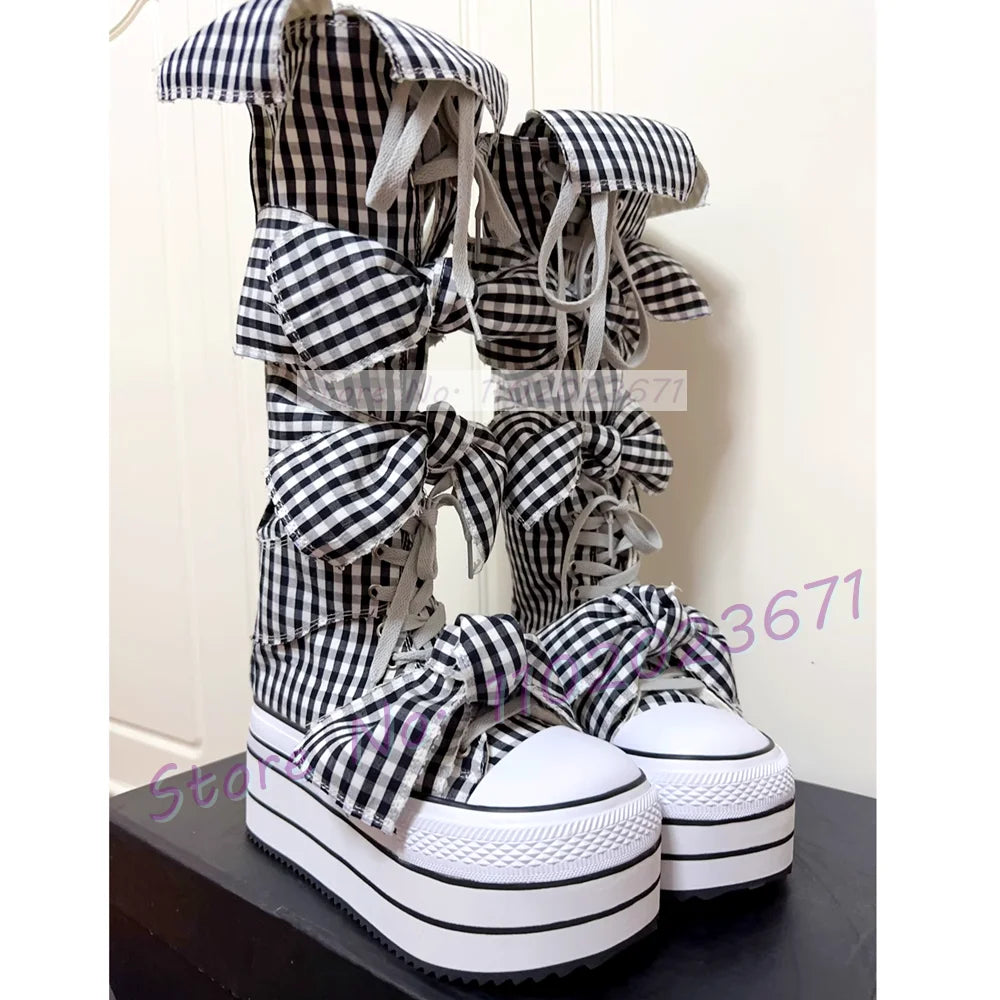 Bowknots Thick-sole Long Canvas Shoes Women Trendy Round Toe Cool Plaid Shoes Girl's Lolita Sweet Lace-up Platform Tall Boots