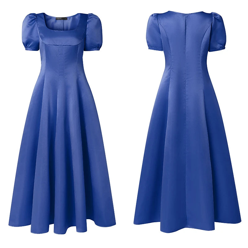 Square Neck Satin Puff Sleeve Maxi Dress