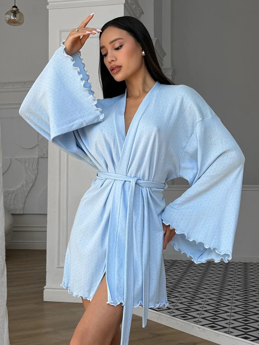 Comfortable Knitted V Neck Pajama And Robe Set For Women
