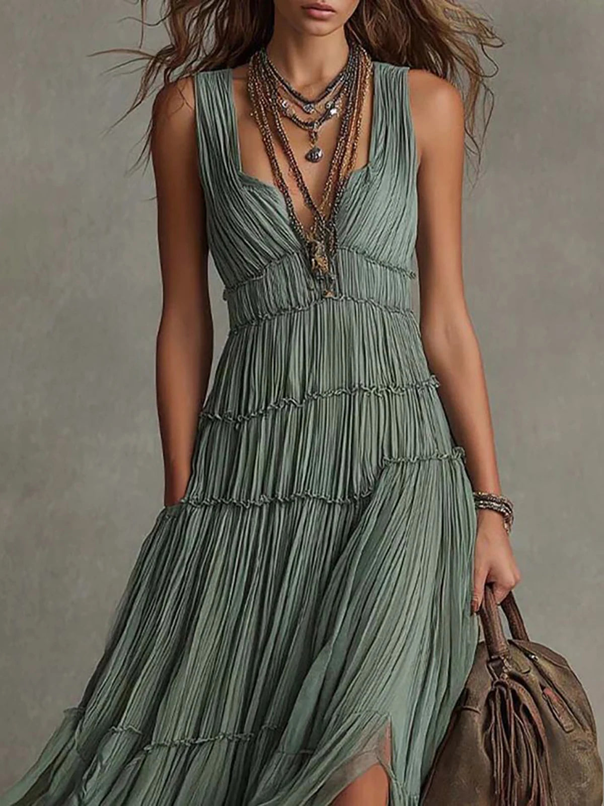 Elegant Boho Tiered V Neck Flowy Maxi Dress for Women