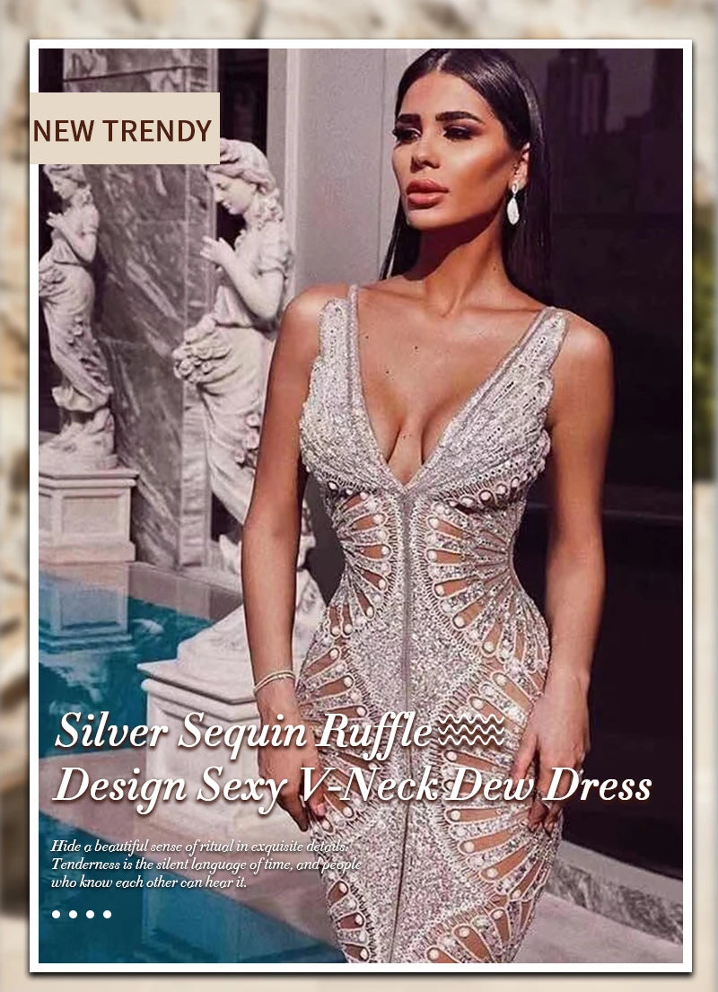 Sequined Ruffle Maxi Slip Dress with V Neck for Women