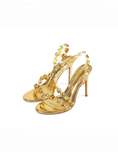 Gemstone Embellished Stiletto Sandals With Buckle Strap For Women