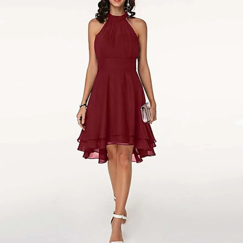 Elegant Sleeveless Halter Neck Chiffon Midi Dress for Women