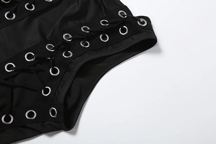 Sexy O-Neck Hollow Out Mini Dress with Metal Ring Cross Detailing for Women