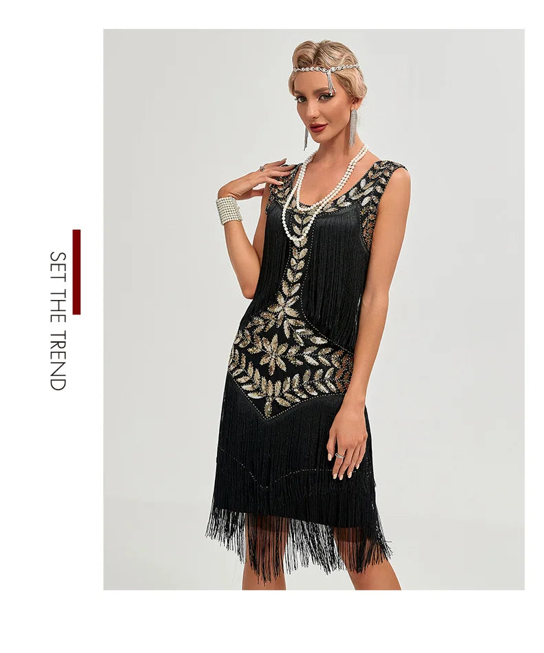 Sequined Beaded Embroidery O Neck Knee Length Dress for Women