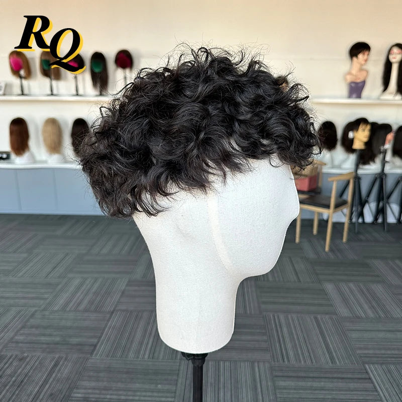 Stylish Curly Pre Cut Remy Human Hair Toupee System For Men