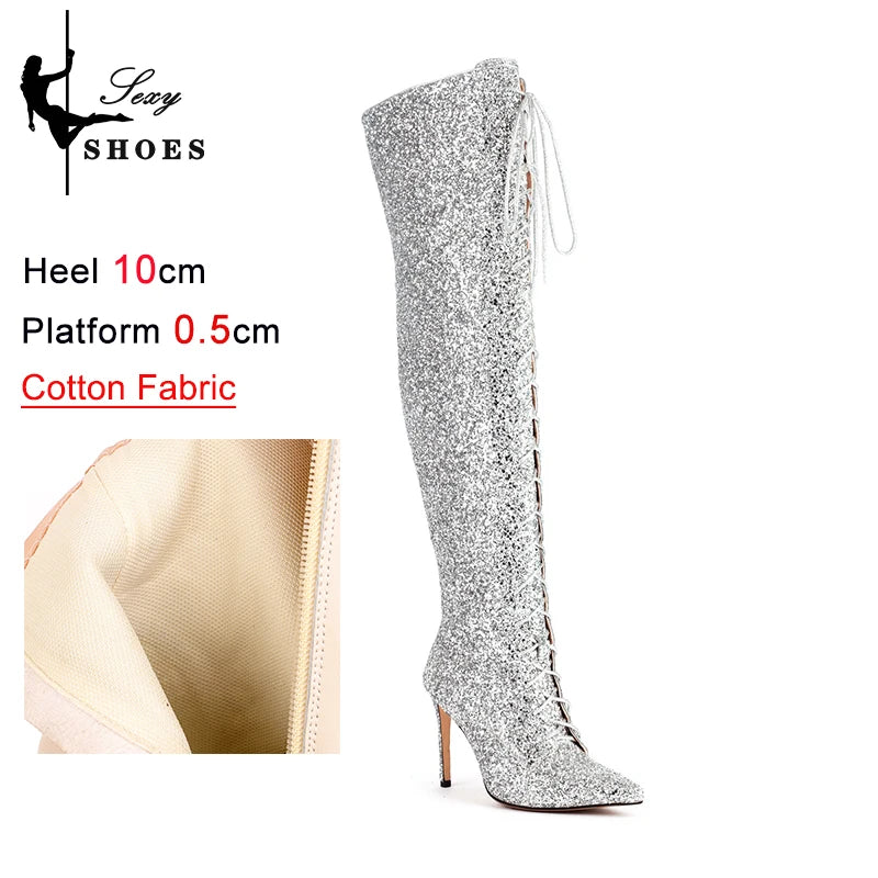 Shiny Sequined Over The Knee High Heel Boots for Women