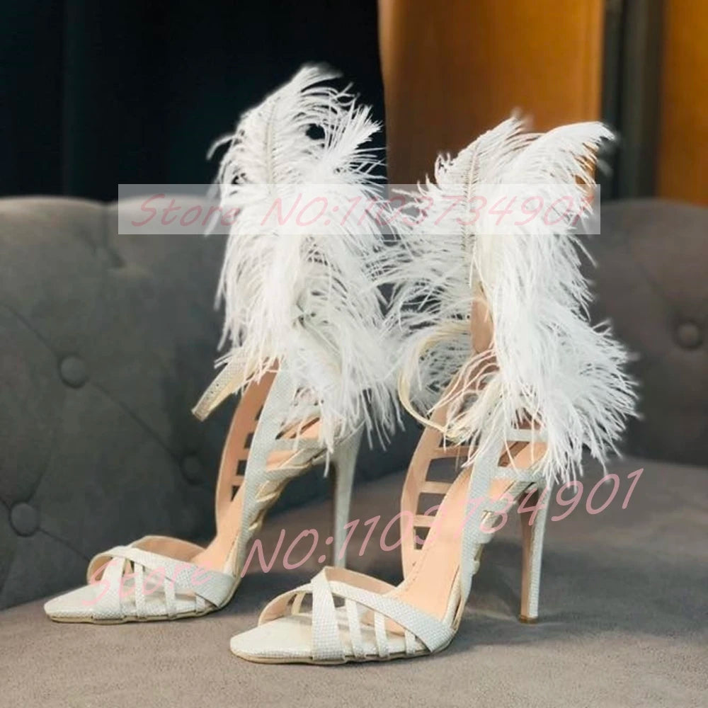 Feather Trim Sequin Ankle Stiletto Heels for Women