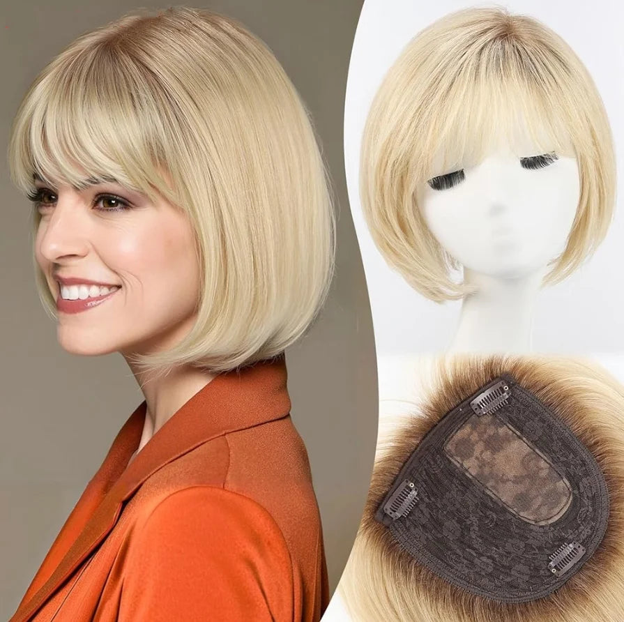 Silver Gray Remy Human Hair Topper With Bangs For Women
