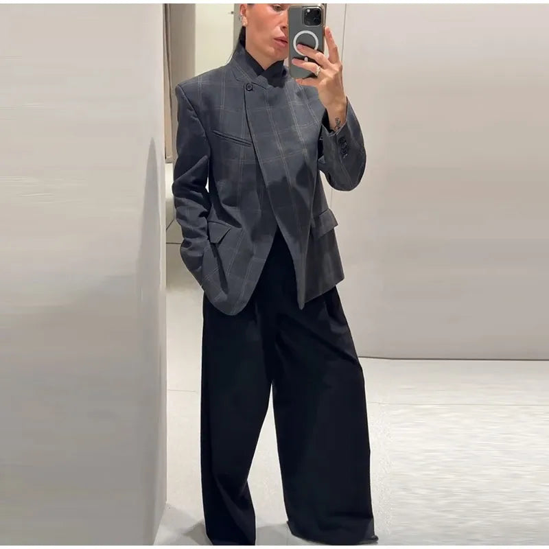 Plaid Women 's Blazers Elegant Laple One Button Thicken Full Sleeve Pockets Coats Female 2026 New Fashion Woman Coats Outwears