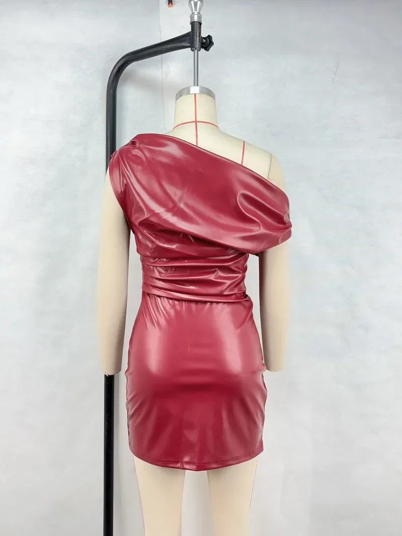 Elegant Inclined Shoulder Pu Leather Ruched Bodycon Mini Dress for Women
