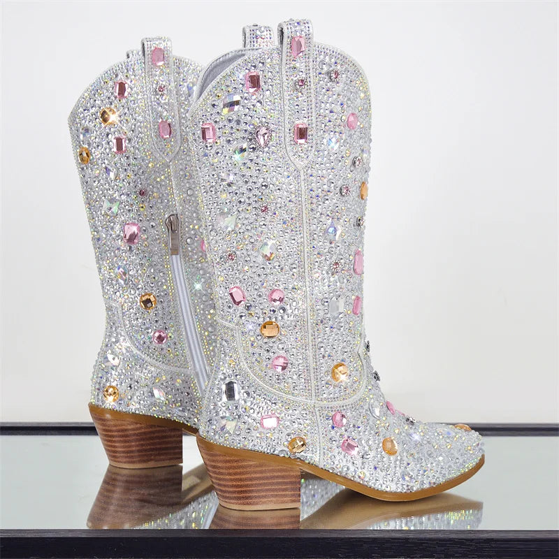 Rhinestone Knee High Cowgirl Boots With Chunky Heels for Women