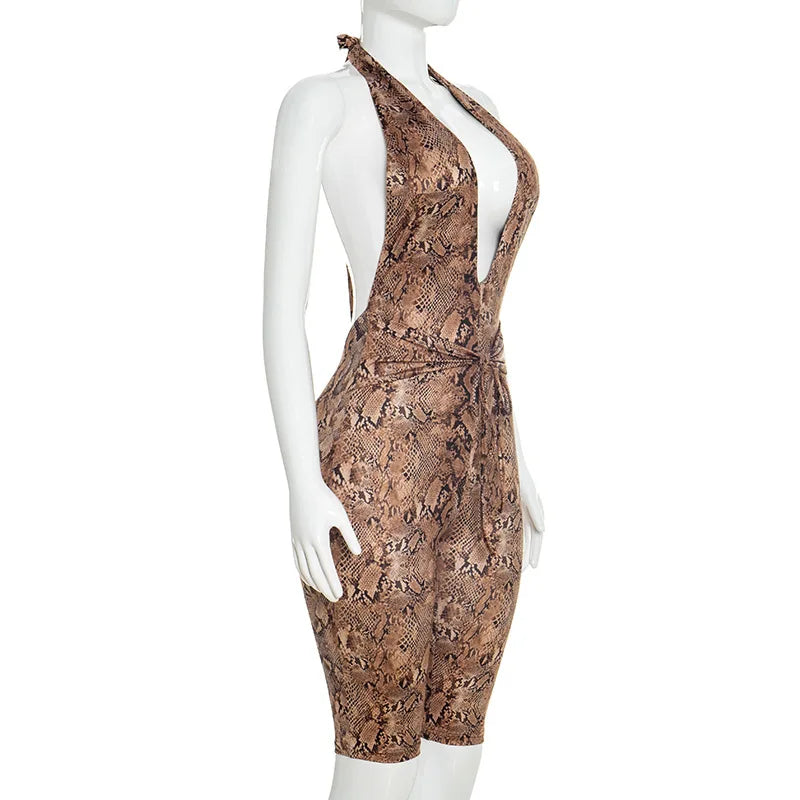 Sexy Halter Backless Patchwork Python Print Bodycon Jumpsuit for Women