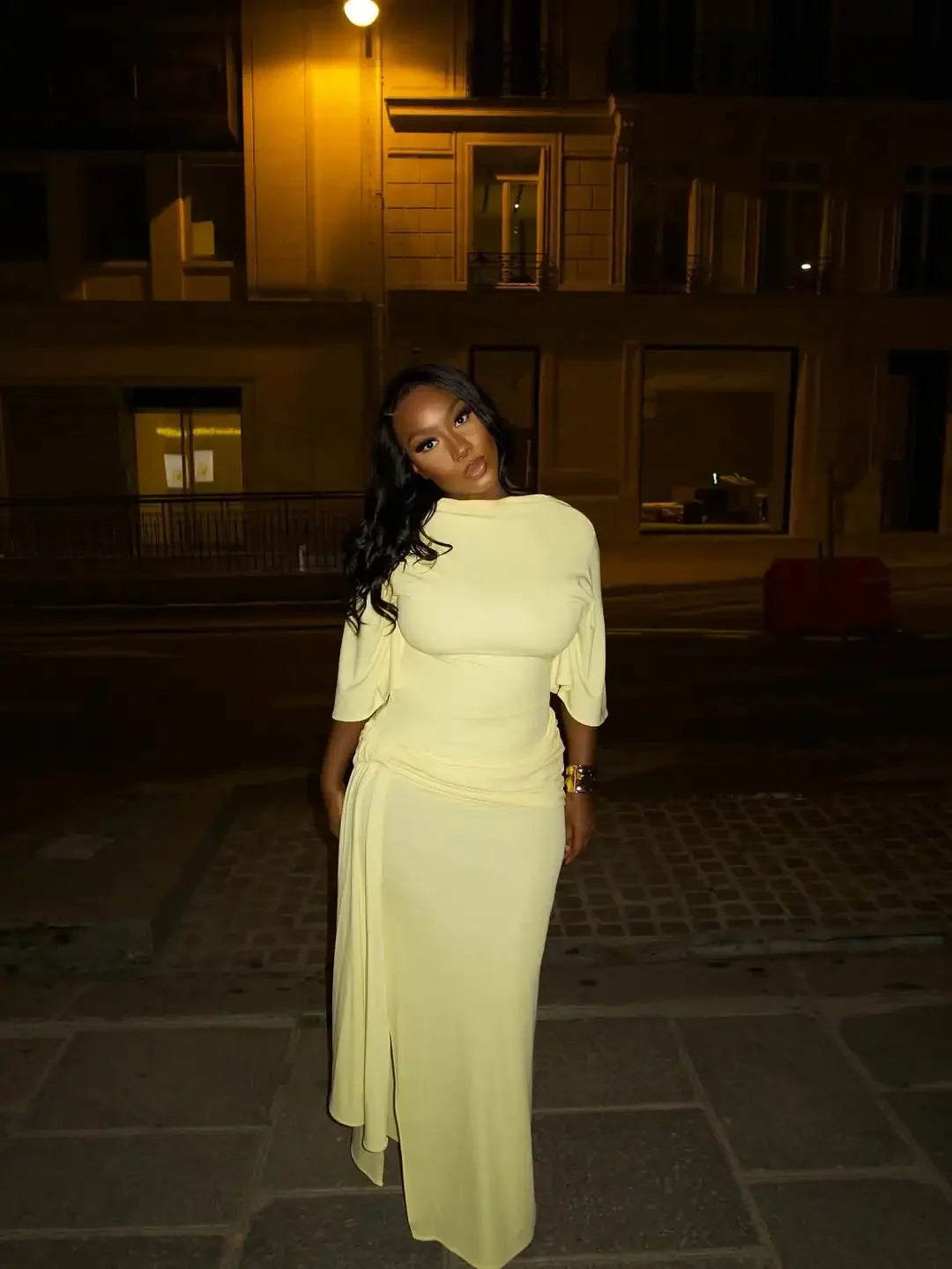 Yellow Backless Slit Evening Dress With Cinched Waist For Women
