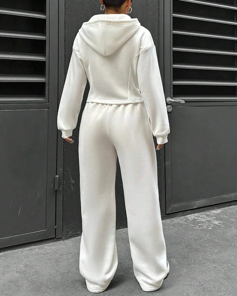 2 Pieces Pants Set Long Sleeve Zip Fly Slim Fit Hooded Top and Casual Wide Leg Pants Set