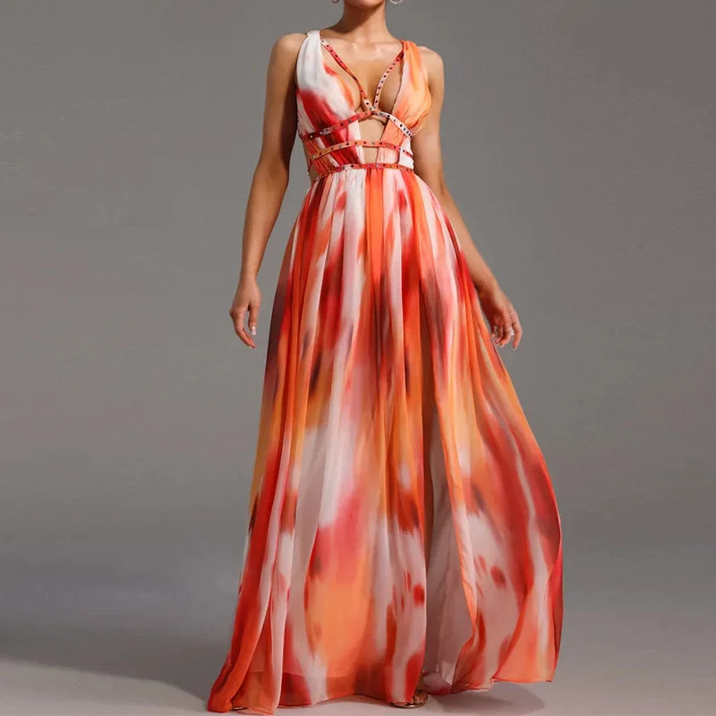 2025 Sexy Split Backless Party Dress Elegant V-neck Hollow Out Beach Long Dress Women Fashion Pattern Print Slim Fit Beach Dress