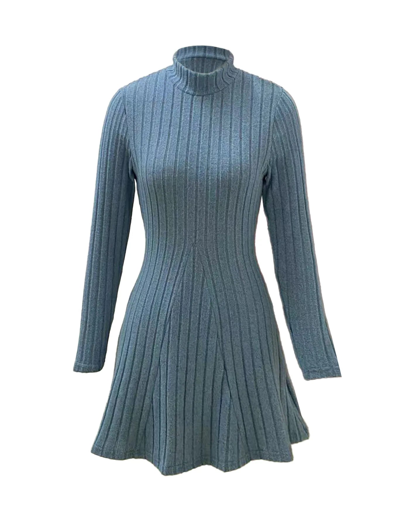2026 New European and American Women's Slim Fit Half-Turtleneck Waist-Cinch A-Line Ribbed Long-Sleeve Dress