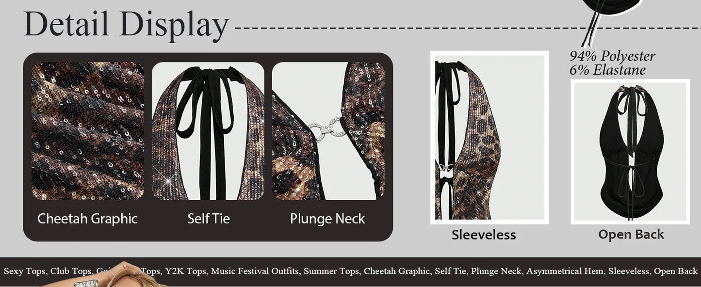 Sequin Snake Print Open Back Sleeveless Halter Top for Women