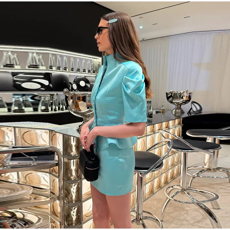 Elegant Short Sleeve Blazer and Skirt Set for Women