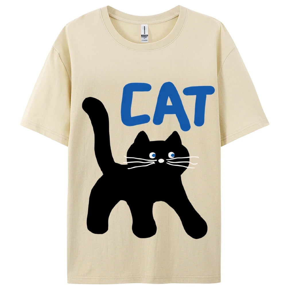 Women's Basic Crew Neck Tee Trendy Y2K Women's Short Sleeve Cartoon Cat Print Cute Aesthetic Cotton Casual T-Shirt