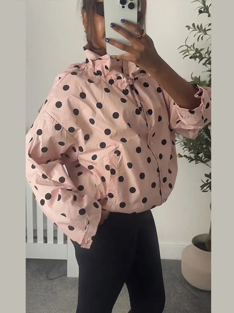 Polka Dot Lace Up Stand Collar Single Breasted Jacket for Women
