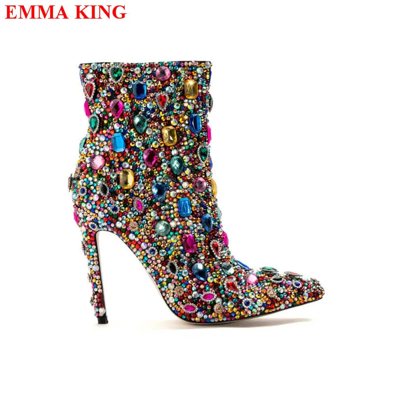 Multicolor Rhinestone Stiletto Ankle Boots For Women