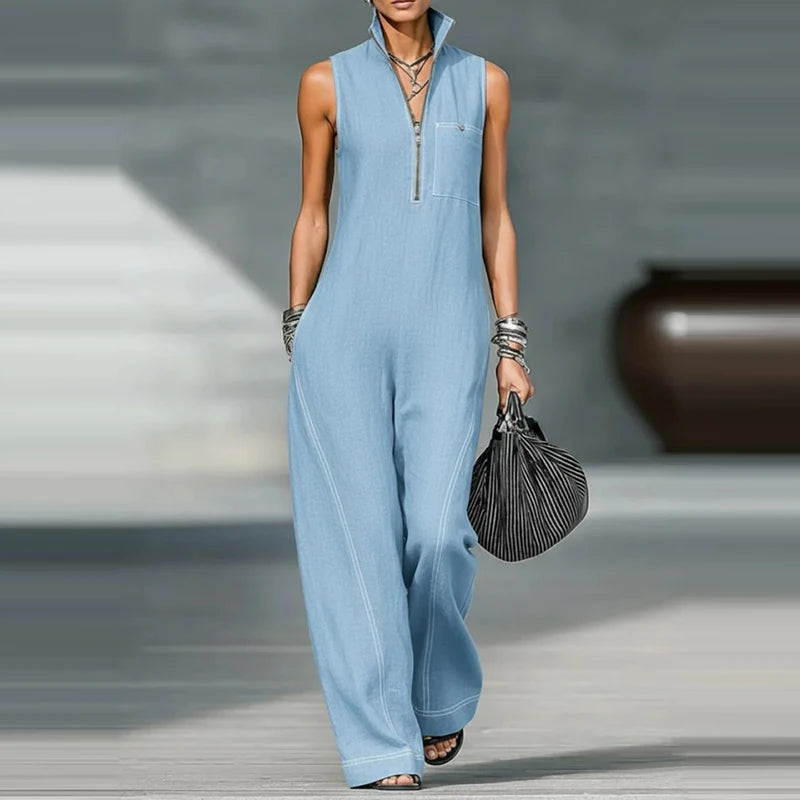 Stand Collar Pocket Sleeveless Wide Leg Jumpsuit for Women