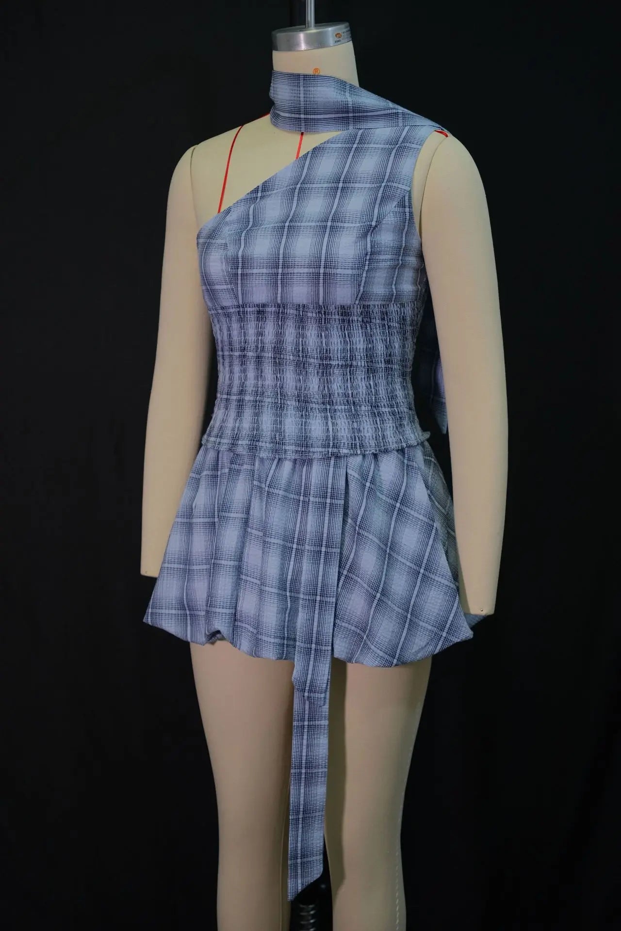 Blue Plaid Halter Cutout Mini Two Piece Set for Women