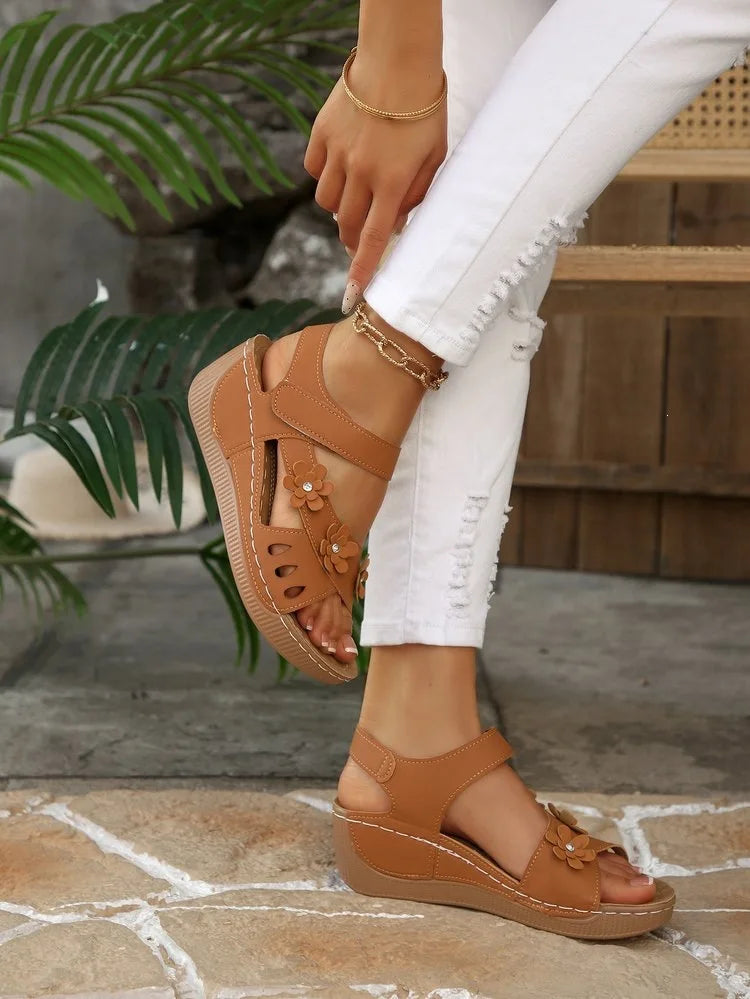Modern Floral Buckle Wedge Sandals