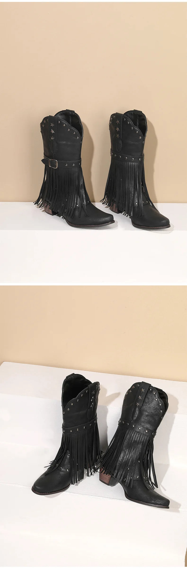 Western Fringed Riveted Block Heel Knee Boots for Women