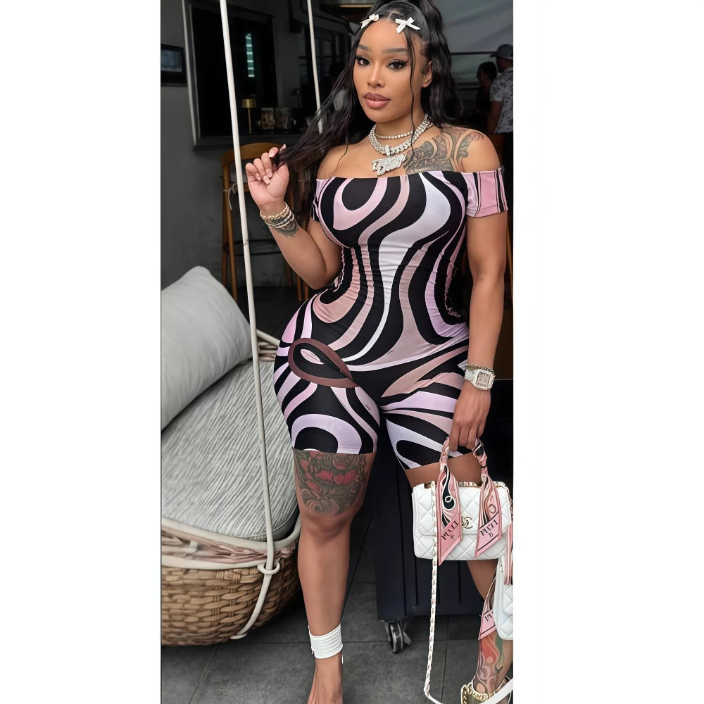 FAGADOER Sexy Stripe Print Bodycon Romper Women Off Showlder Backless One-piece Jumpsuits Hot Girl Streetwear Overalls 2025 New