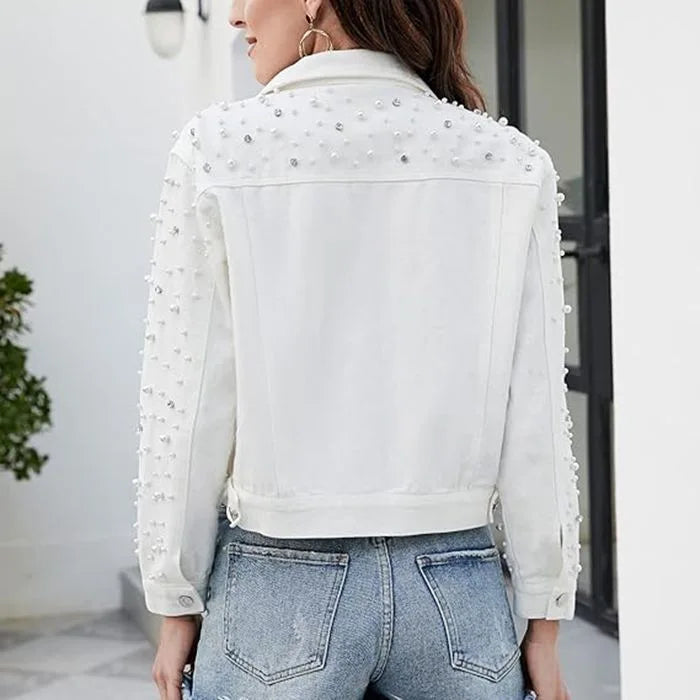 Pearl Beaded Lapel Long Sleeve Denim Jacket for Women